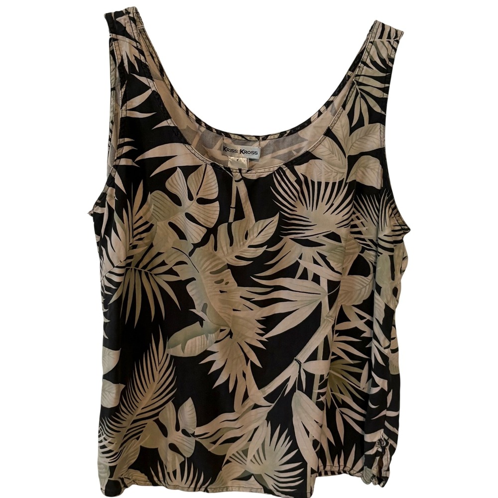 Kriss Kross Women's Vintage Black and Tan Silk Leafy Sleeveless Top‎ Size 16